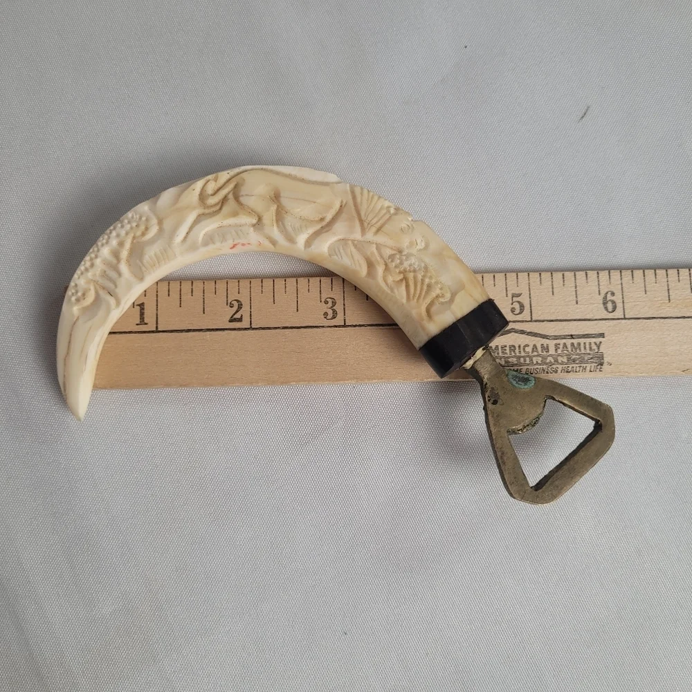 Vintage Hand Carved Warthog Tusk Brass Bottle Opener